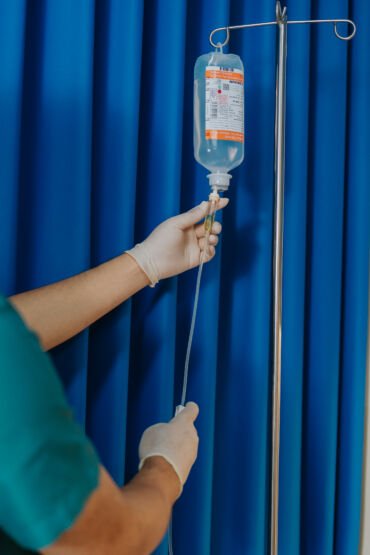 IV infusion services in Bali with intravenous drip line and fluid bag