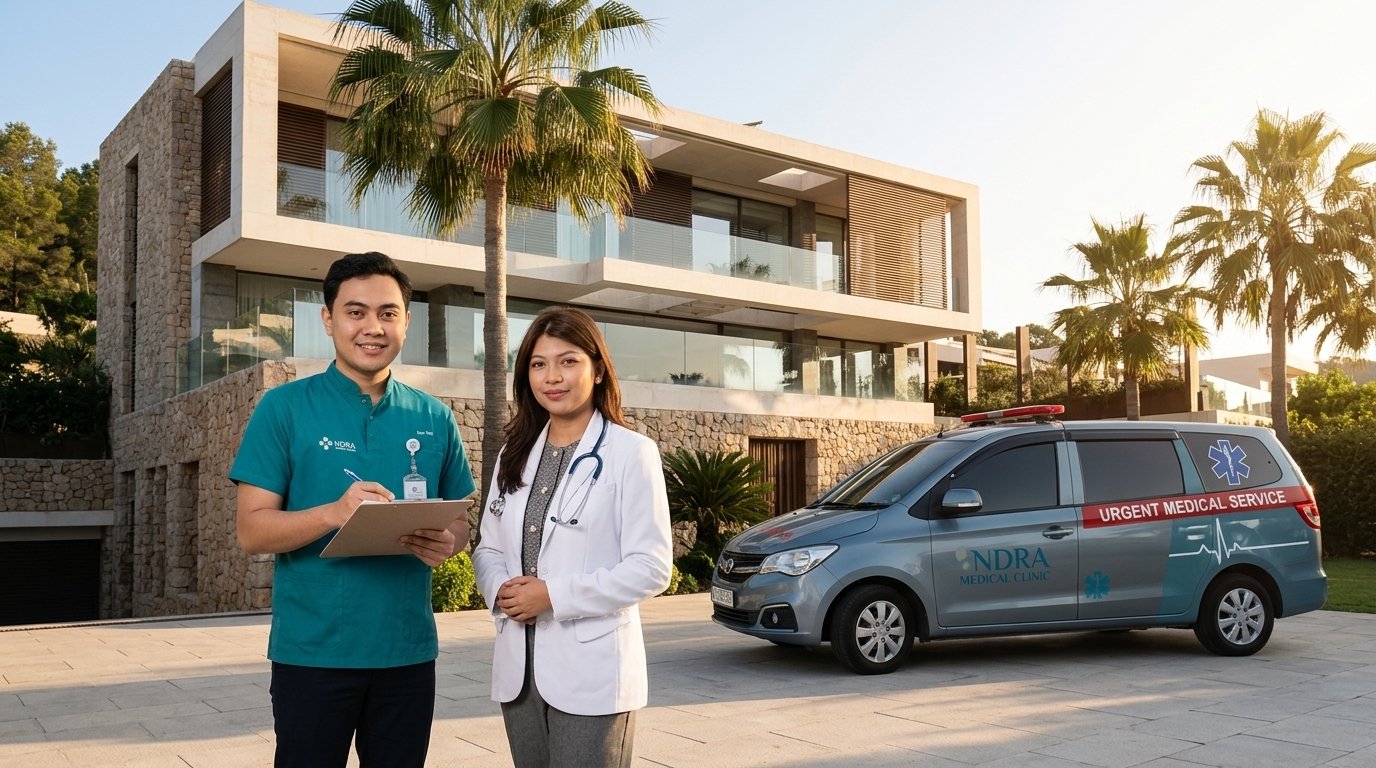 General Practitioner Bali doctor and nurse arriving at a patient villa with an ambulance