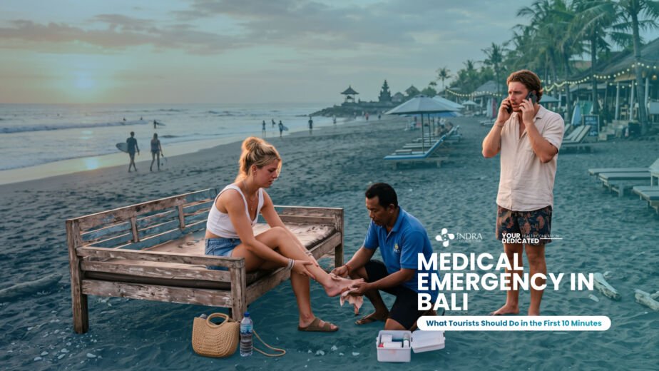 Balawisata officer helping female patient while male bystander calls emergency services in Bali