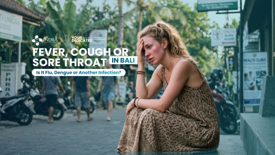 Female tourist feeling unwell with fever symptoms while travelling in Bali